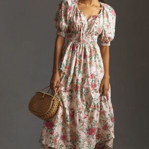 Anthropologie Somerset Floral Midi Dress Size S Cottagecore Puff Sleeve Romantic